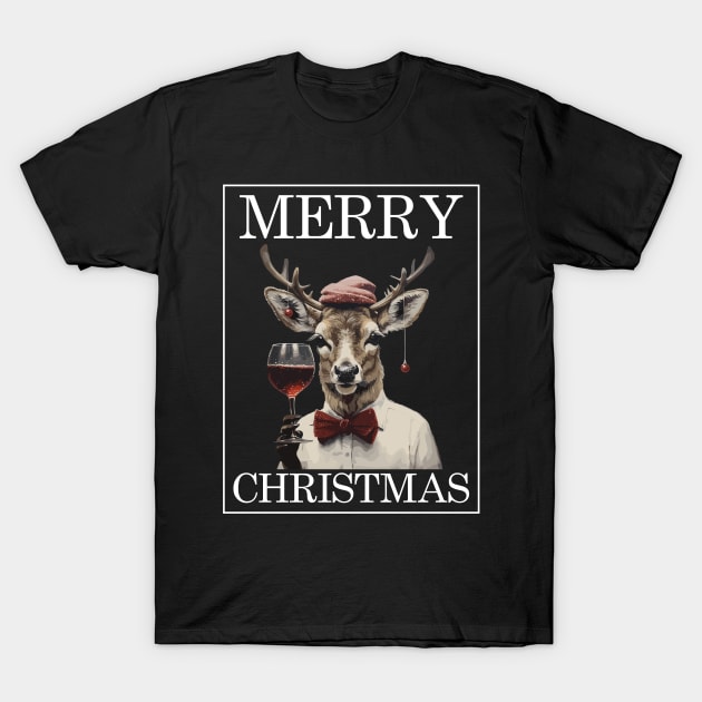 Christmas Deer with Wine Glass Funny Christmas T-Shirt by Stawi's Design Factory